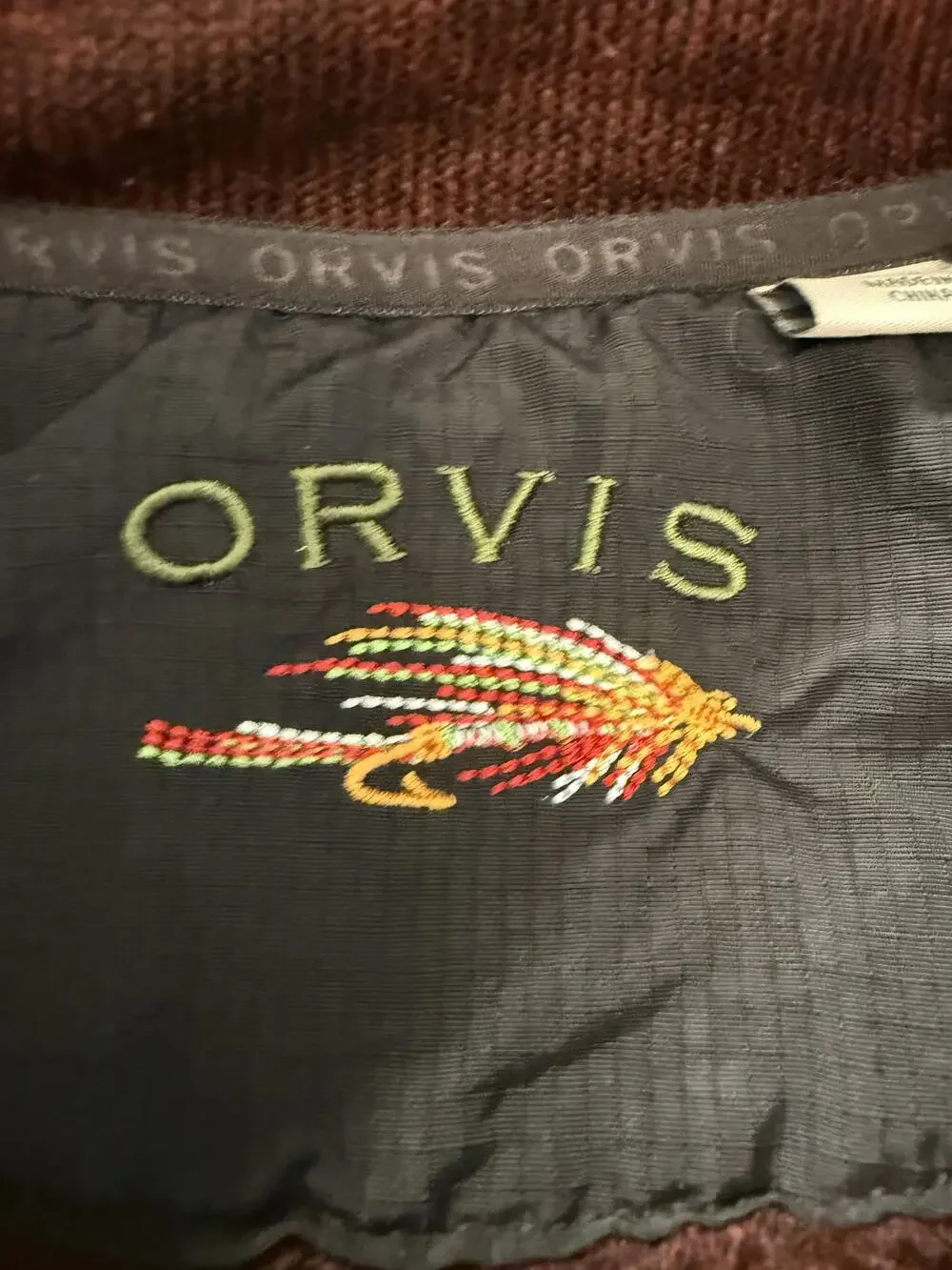 Orvis Vest Mens Medium Maroon Black Full Zip Sweater Fleece Quilted Panels Warm